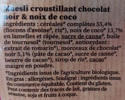 Chocolat noir & noix de coco ingredients label