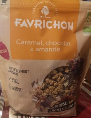 Muesli croustillant au caramel, chocolat & amande front packaging
