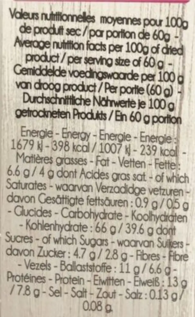 Quinoa blanc bio Germé nutrition facts table
