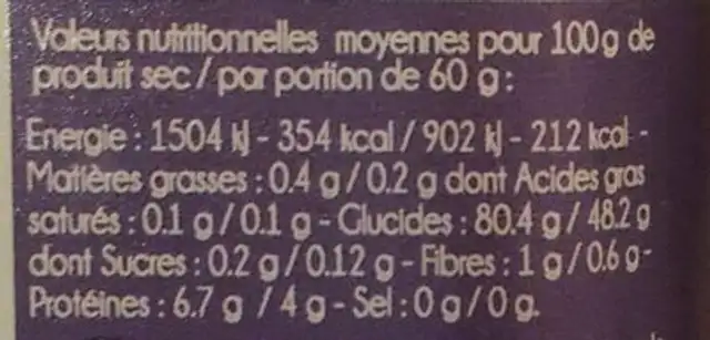 Riz jasmin thaï nutrition facts table