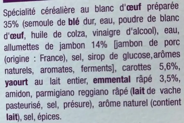 Gratin de Macaroni et Allumettes de Jambon ingredients label
