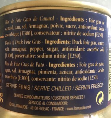 Bloc de foie gras de canard ingredients label