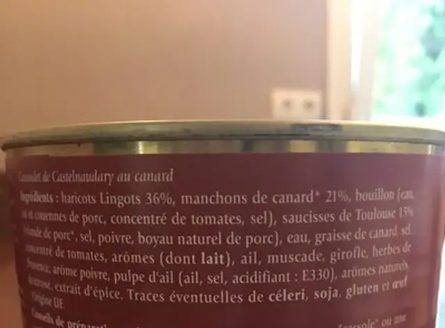 Cassoulet Castelnaudary au Canard ingredients label