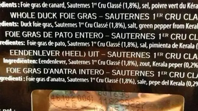 Foie gras de canard entier ingredients label