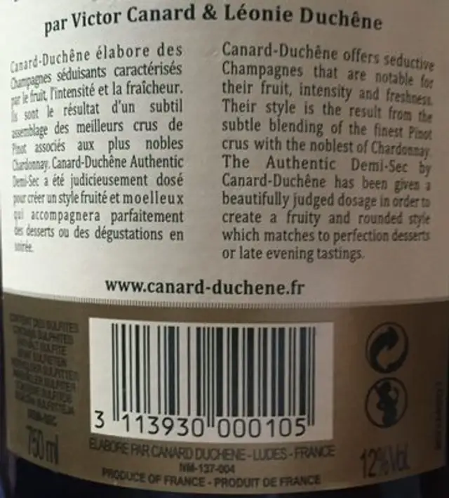 Champagne canard duchene ingredients label