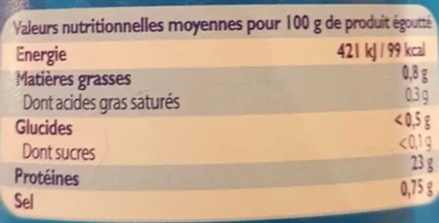 Thon entier albacore au naturel nutrition facts table