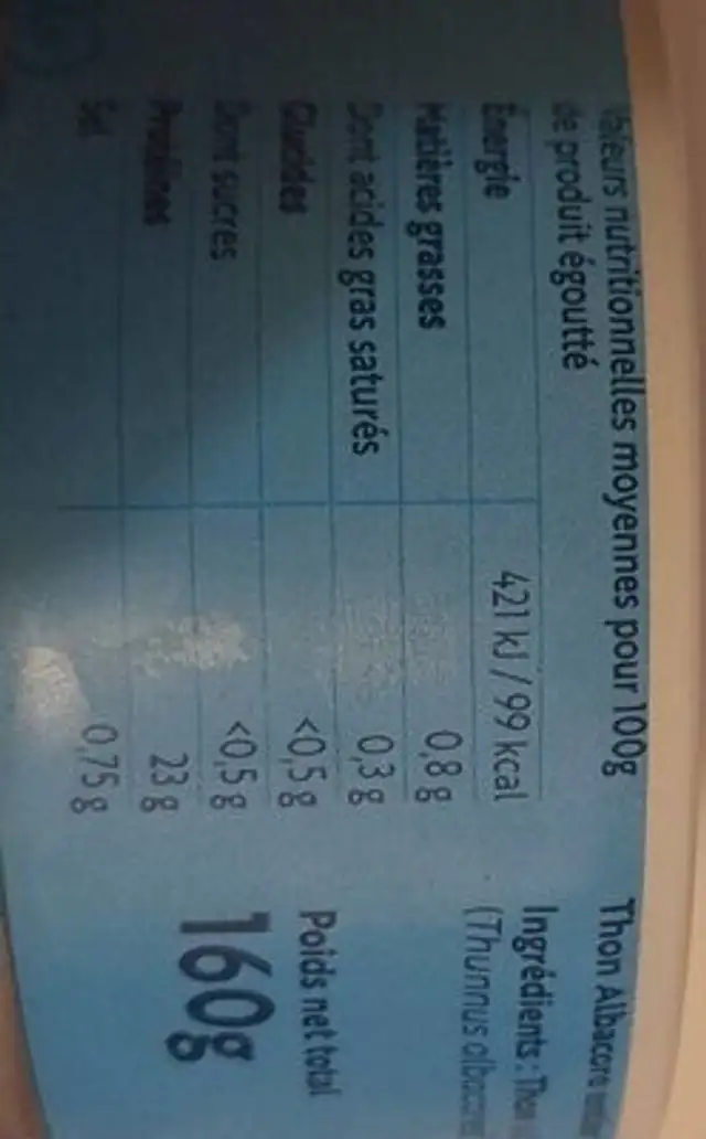Thon albacore au naturel nutrition facts table