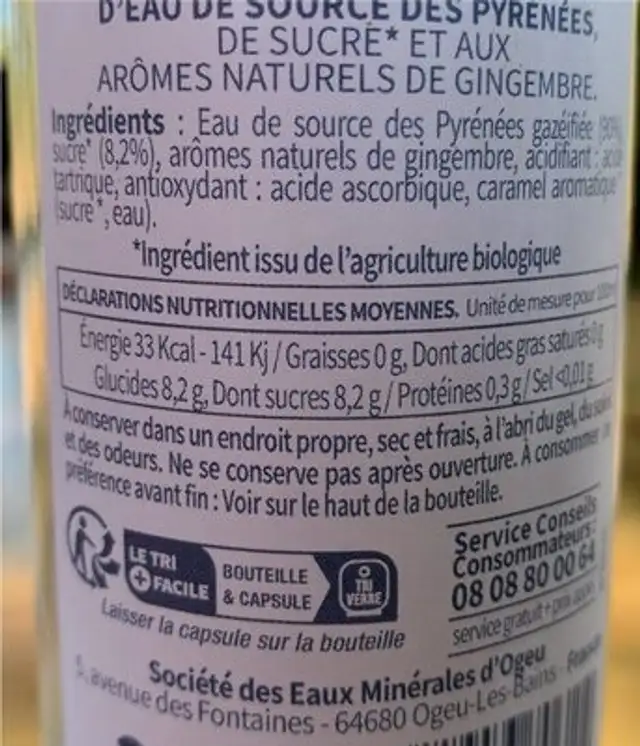 Ginger Beer nutrition facts table