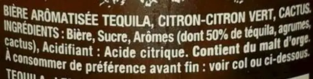 Desperados Lime ingredients label