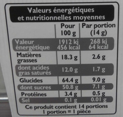 Excellence Chardons nutrition facts table