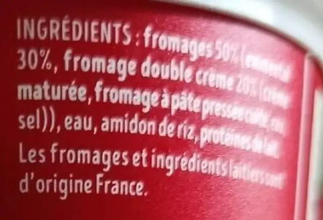 Sauce EMMENTAL Onctueuse ingredients label