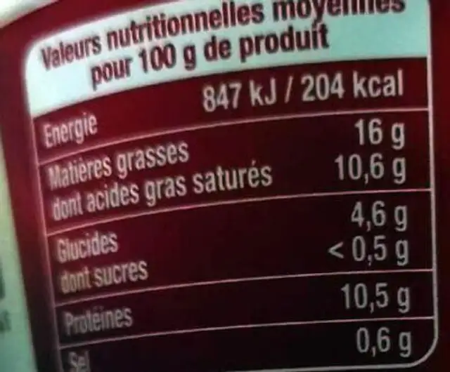 Sauce EMMENTAL Onctueuse nutrition facts table