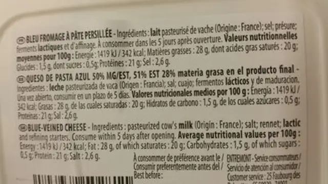 Queso azul ingredients label