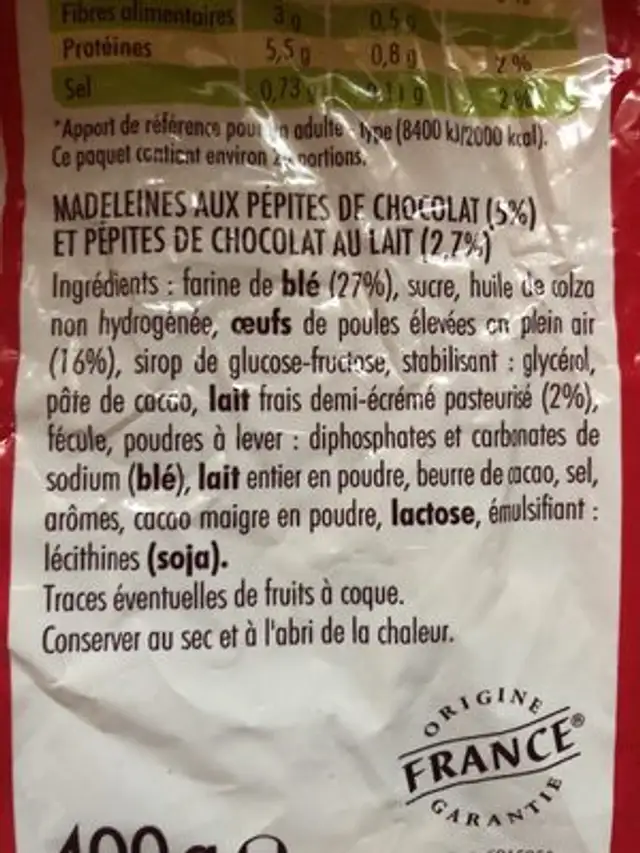 Madeleine - pepites de chocolat ingredients label
