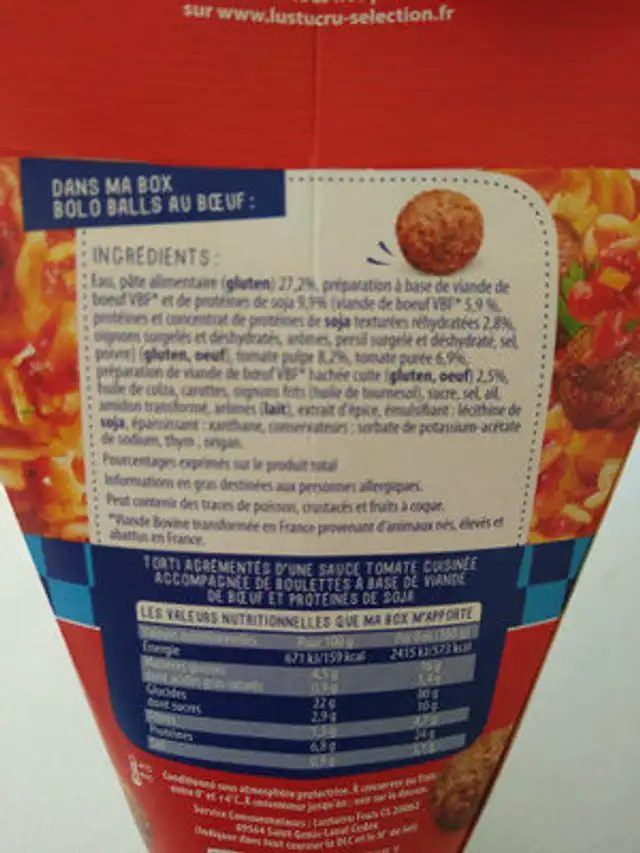 La grAnde box Torti Bolo Balls au bœuf ingredients label