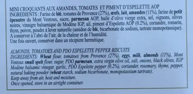 Mini Croquants amandes, tomates et piment d'Espelette AOP ingredients label