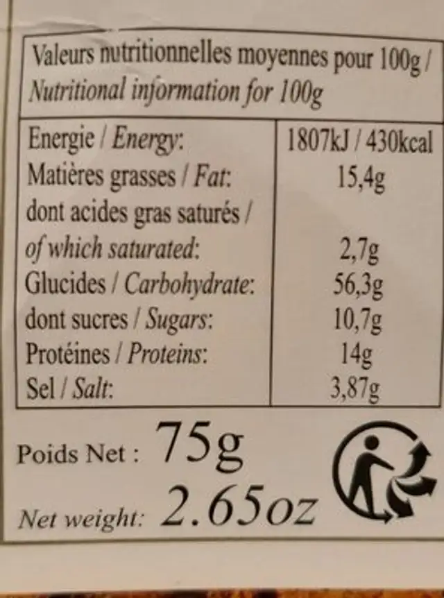 Mini Croquants amandes, tomates et piment d'Espelette AOP nutrition facts table