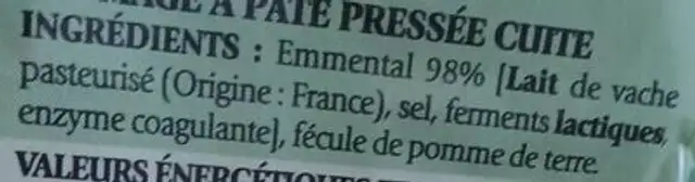 Emmental français râpé ingredients label