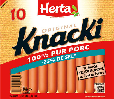 HERTA KNACKI Saucisses 100% pur porc sel réduit x10 350g front packaging