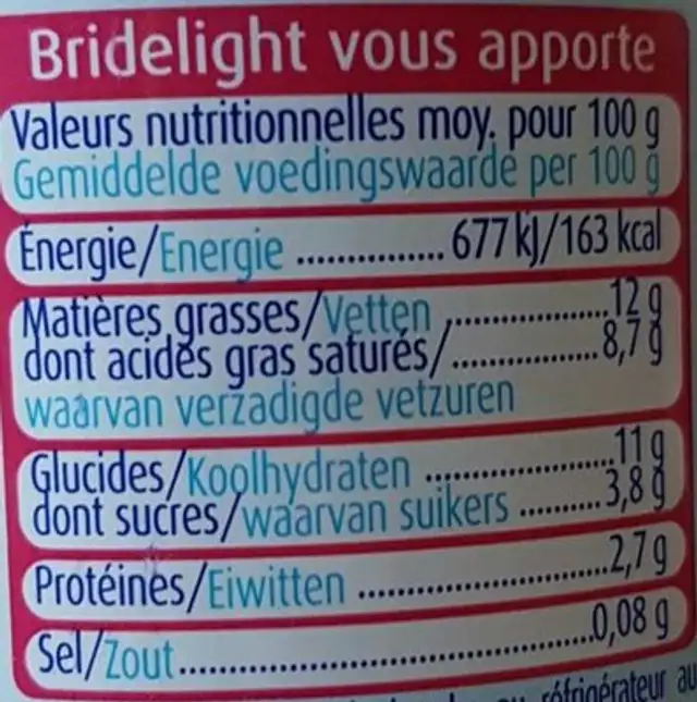 Bridelight du goût des plaisirs nutrition facts table
