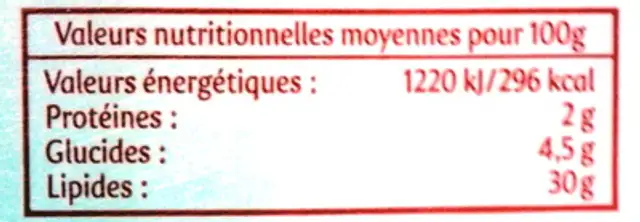 Crème Entière Semi-Épaisse (30 % MG) Gastronomique nutrition facts table