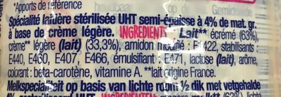 Spécialité laitière UHT base crème légère semi épaisse 4%mg BRIDELIGHT, bouteille ingredients label