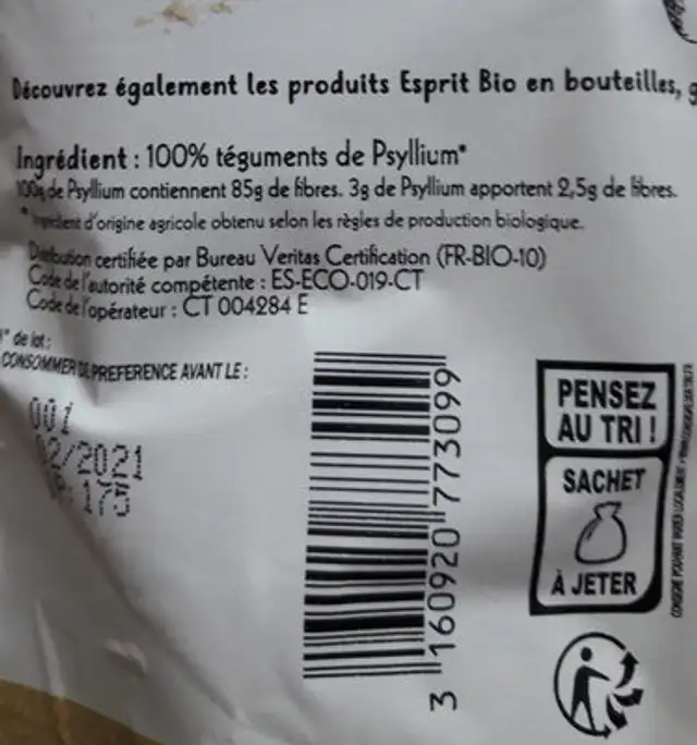 Psyllium poudre a saupoudrer ingredients label