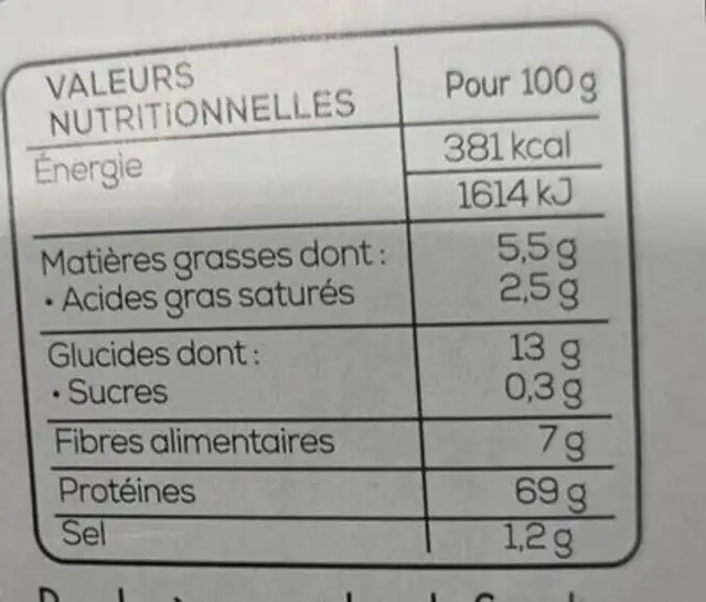 Spiruline nutrition facts table