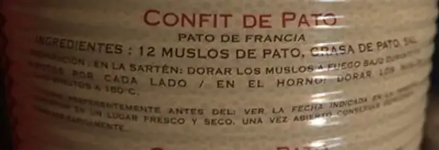 Confit de Canard nutrition facts table