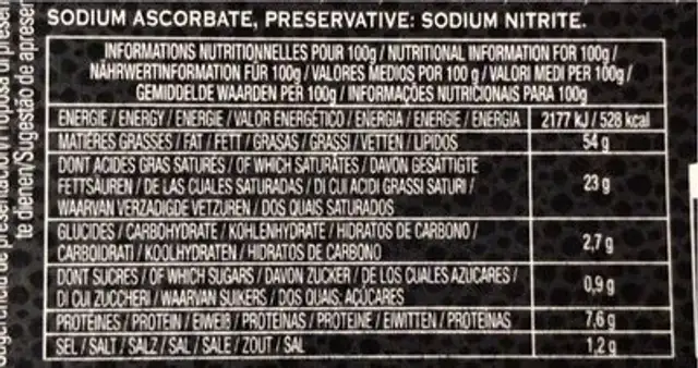 Foie Gras de Cannard Entier nutrition facts table