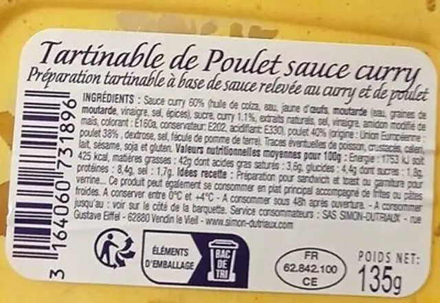 Tartinable poulet sauce curry nutrition facts table