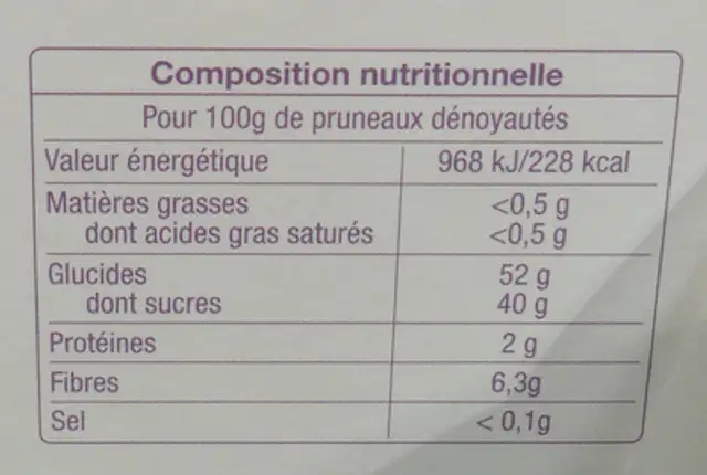 Pruneaux d'Agen mi-cuits pasteurisés nutrition facts table