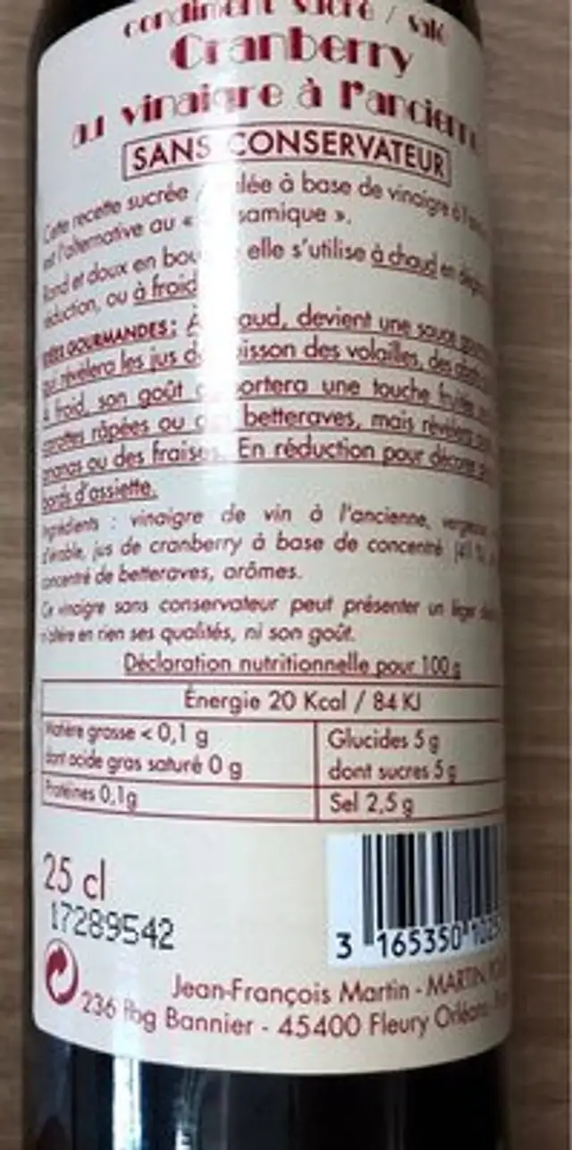 Douceur d'Antan nutrition facts table
