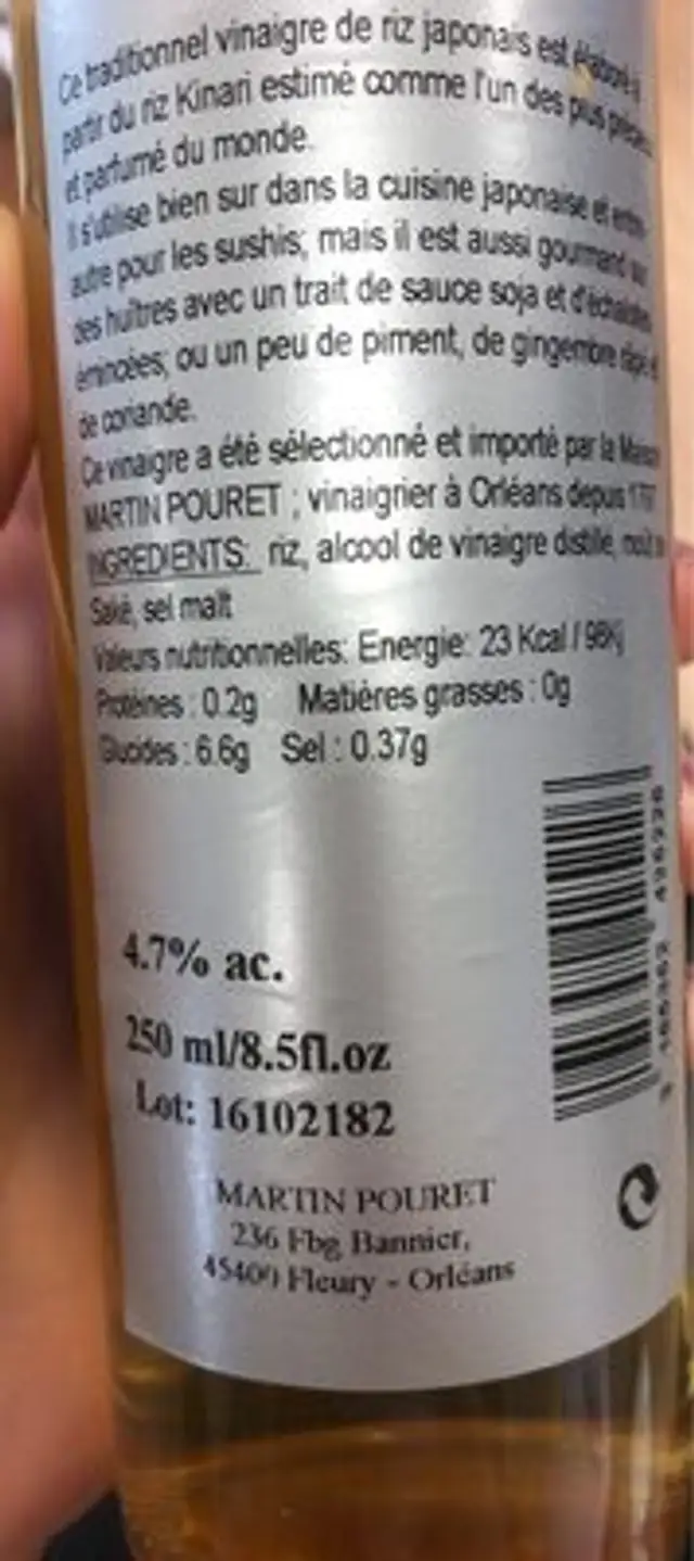 Vinaigre de riz Kinari nutrition facts table
