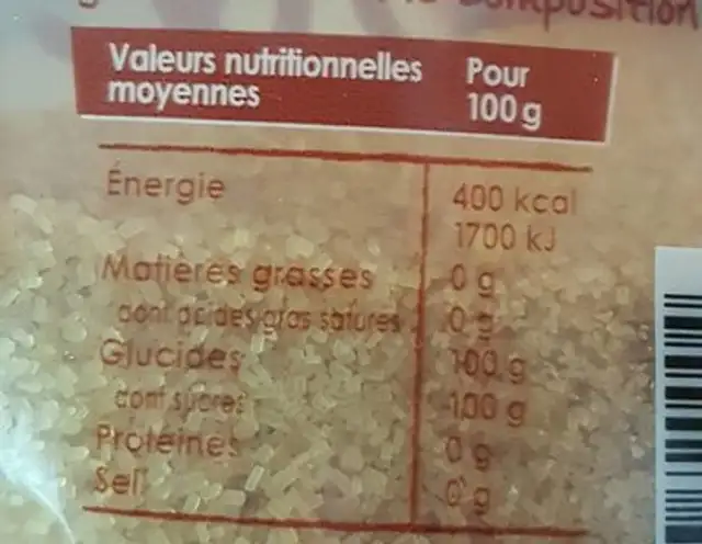 Cassonade pure canne nutrition facts table