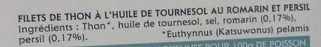 Émincés de thon au romarin et persil ingredients label