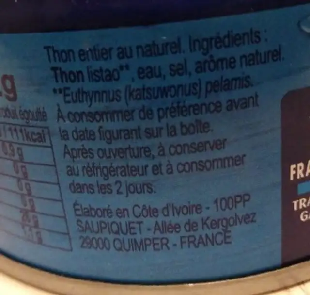 Le thon Entier au Naturel ingredients label