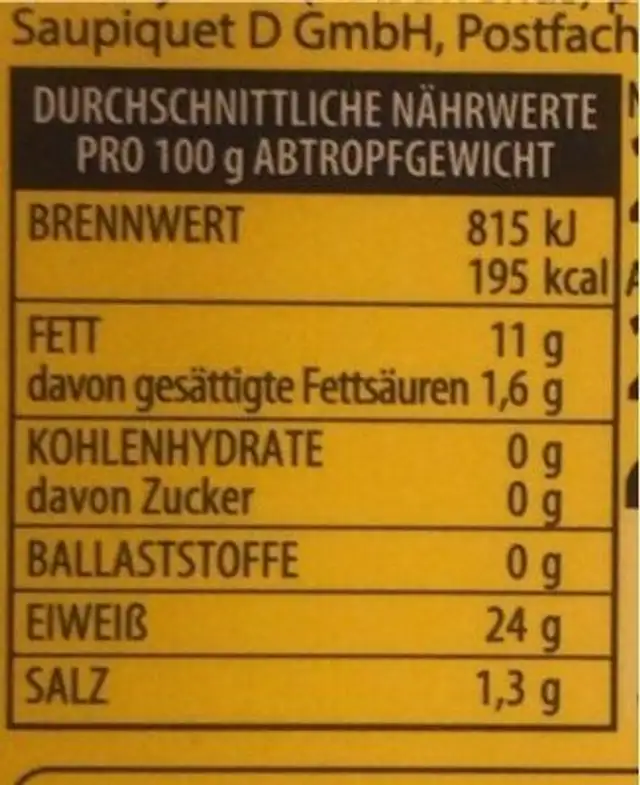 Thunfisch-Filets in Sonnenblumenöl nutrition facts table