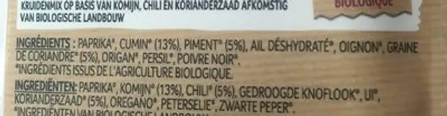 Melange chili mexicain bio ingredients label