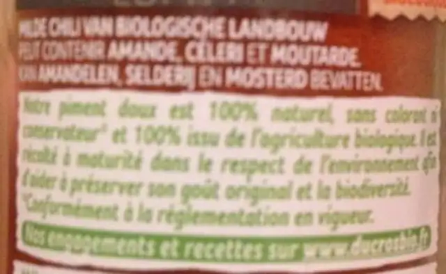 Piment doux Milde chili ingredients label