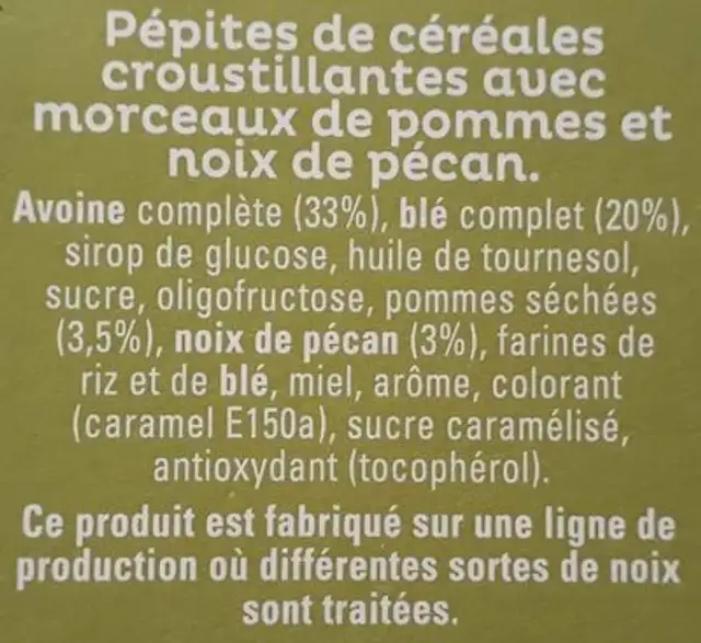 Cruesli - Noix de pécan & pomme ingredients label