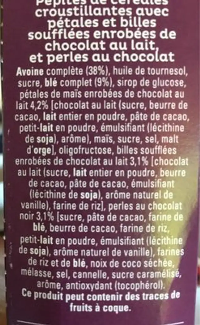 Quaker Cruesli Crispy chocolat ingredients label