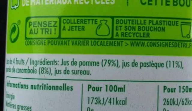 Tropicana Pastèque carambole ingredients label