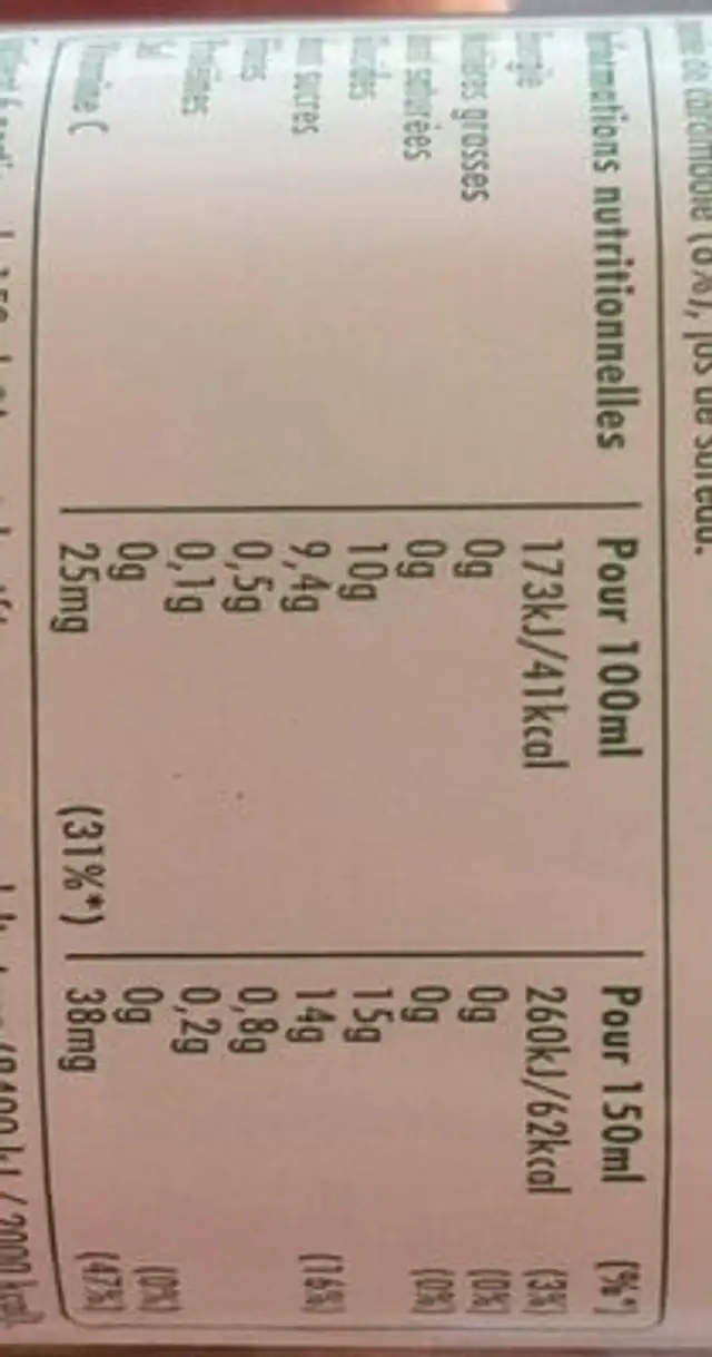 Tropicana Pastèque carambole nutrition facts table