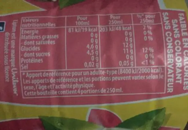 Ice tea pastèque menthe nutrition facts table