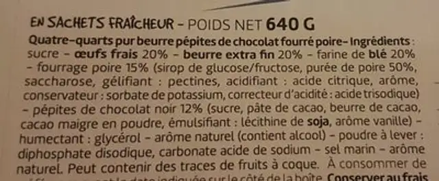 Quatre-quarts poire pépites ingredients label