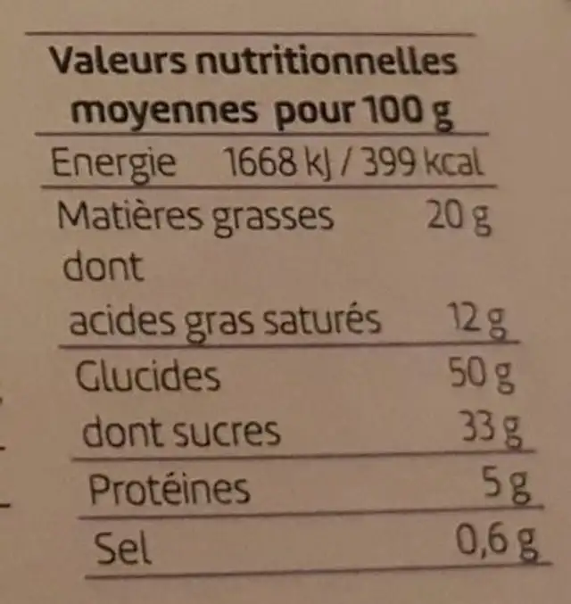 Quatre-quarts poire pépites nutrition facts table