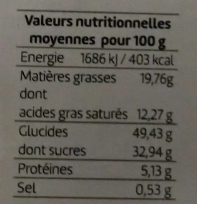 Quatre-Quarts Poire Chocolat nutrition facts table