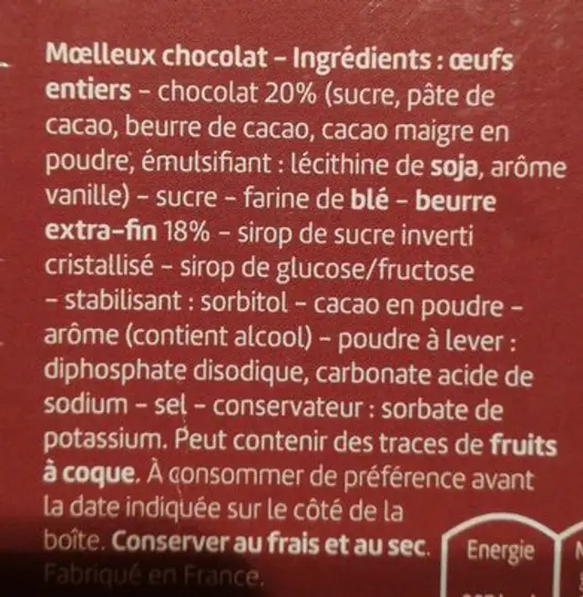 Mini Moelleux au Chocolat ingredients label