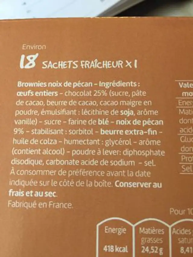 Mini Brownies Noix de Pécan ingredients label